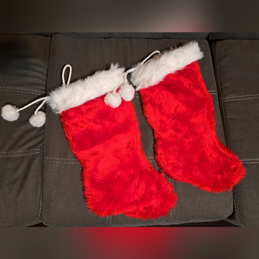 Pair Of Matching Red Furry Christmas Stockings